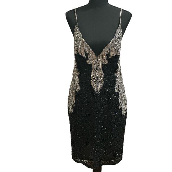NWT Enchanted Black & Silver Sequin Beaded Chain Straps Backless mini Dress SZ 6 - Picture 14 of 16